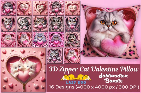 3D Zipper Cute Kitten Valentine Pillow Bundle: A Playful Design Asset